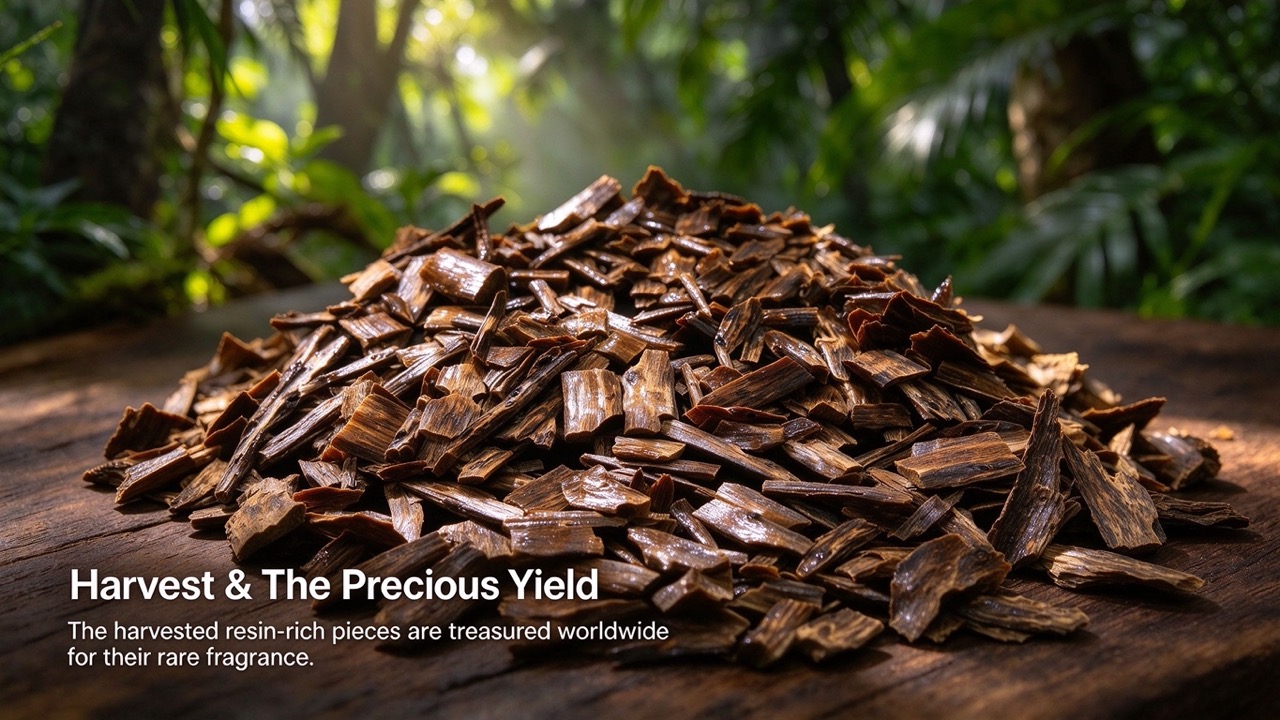 Harvested resin-rich agarwood pieces showing rich texture and color
