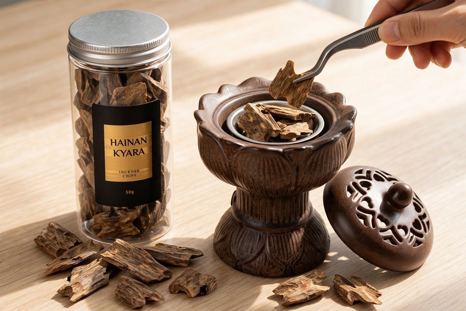 Resin-rich agarwood chips prepared for heating or incense use