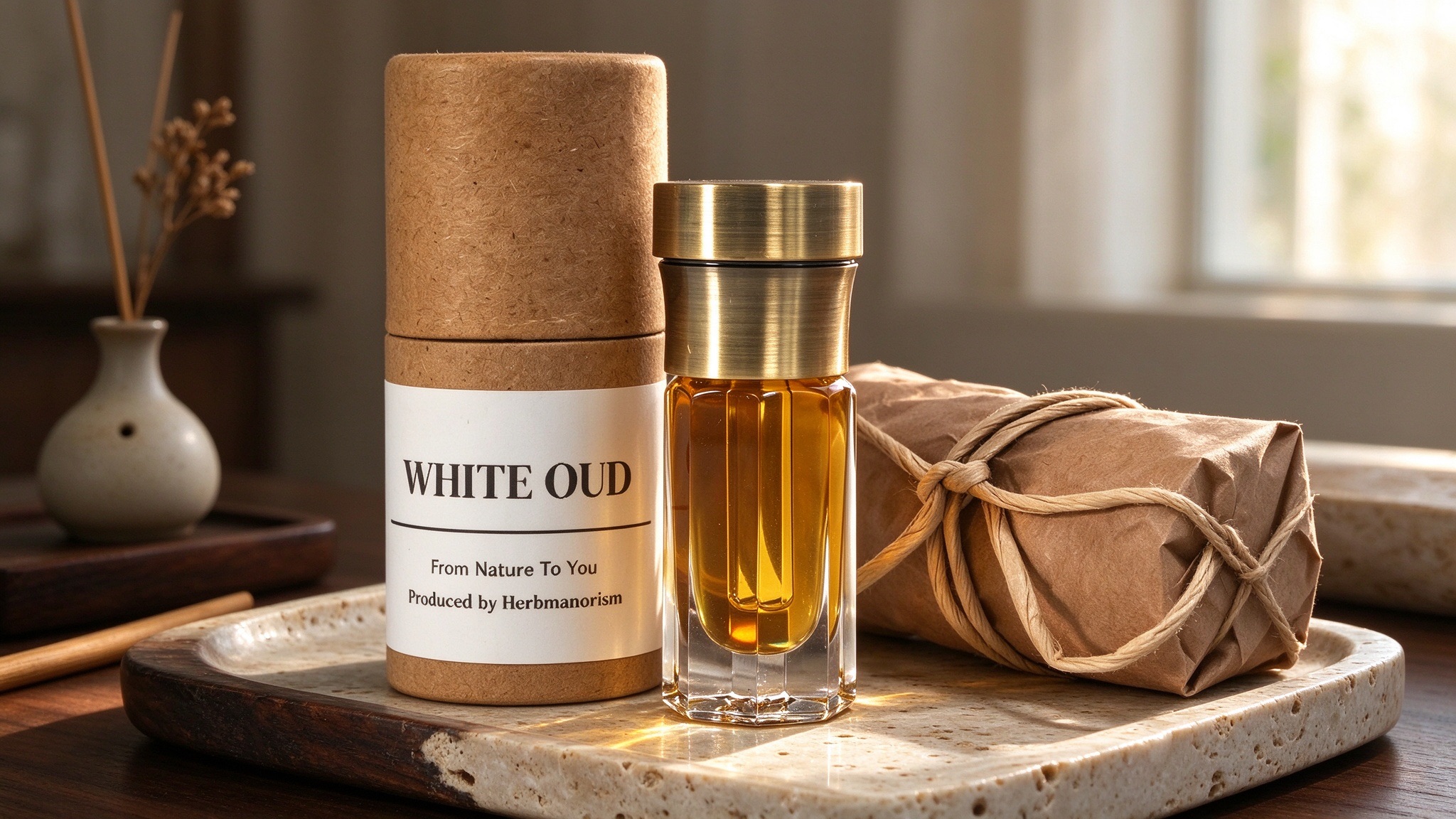Aromatic agarwood oil presented beside traditional incense