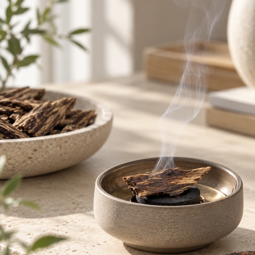 Agarwood being gently heated in a burner, releasing fragrant smoke