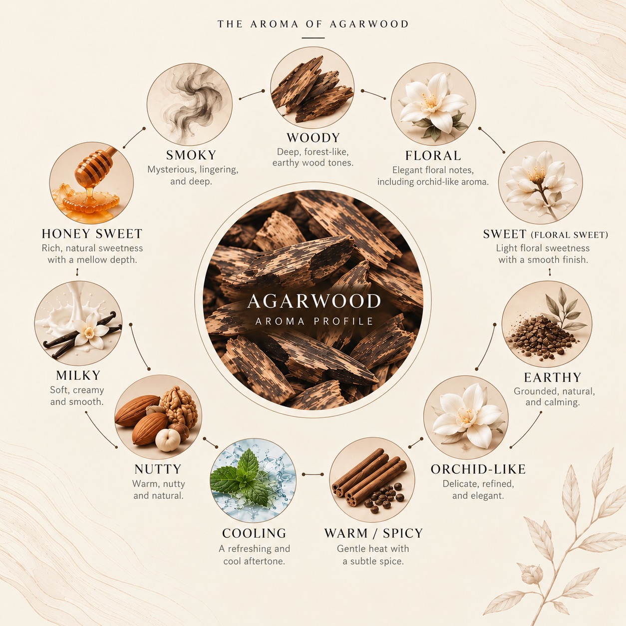 Agarwood aroma spectrum showing woody, floral, sweet, honeyed, milky, nutty, cooling, earthy, warm, spicy, orchid-like, and smoky notes