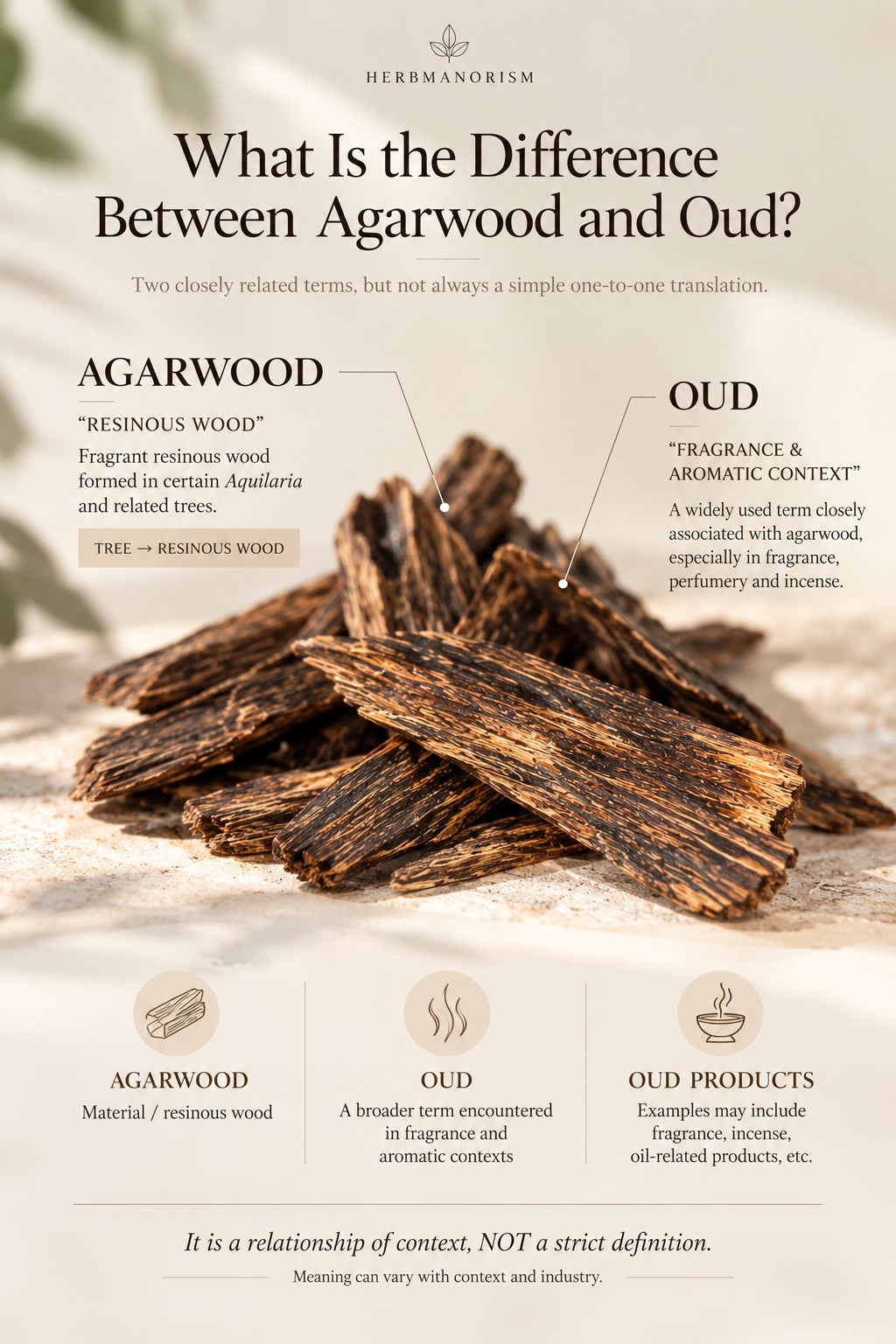 Edukacyjna infografika wyjaśniająca zależność między agarwood a oud