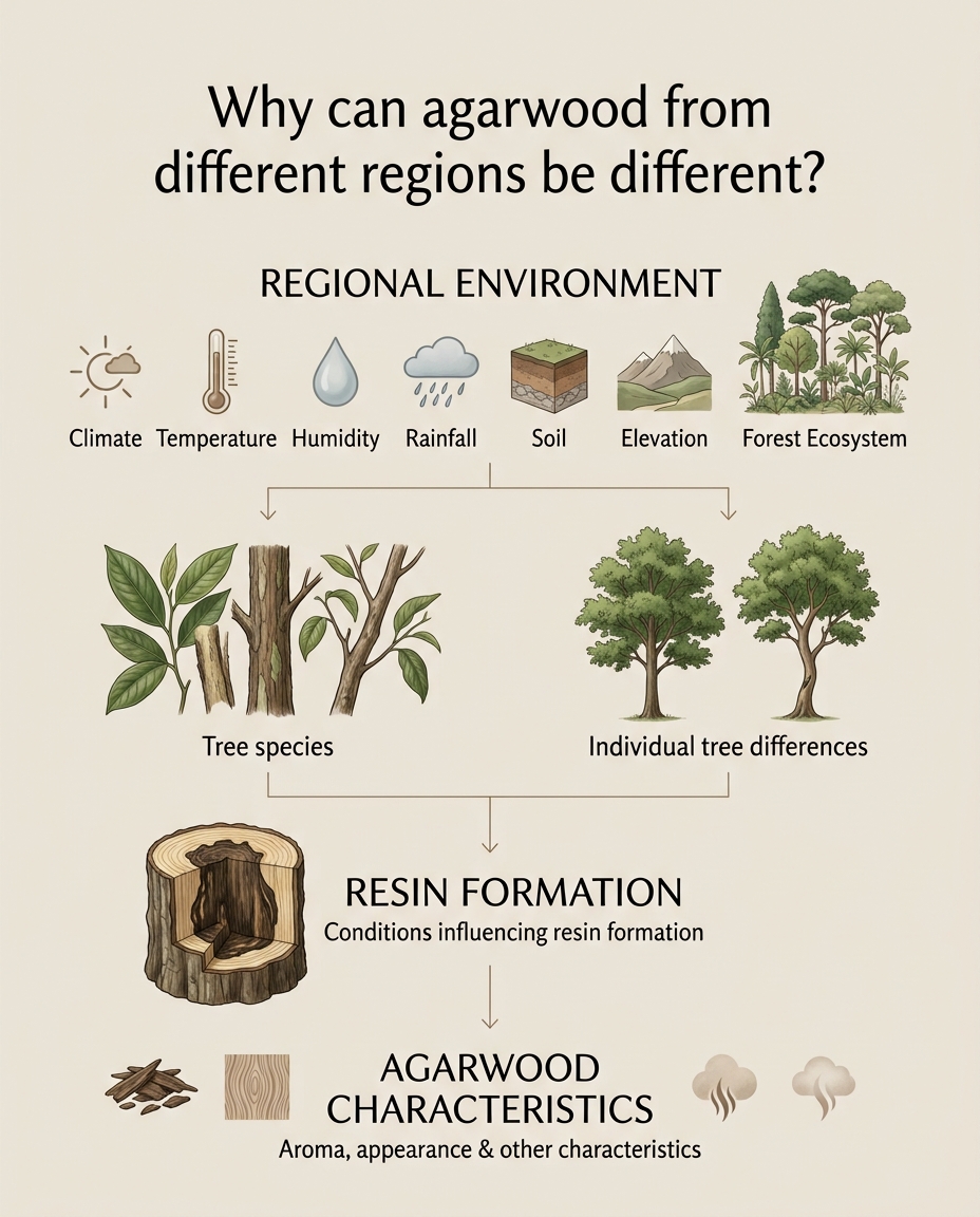 Diagram pokazujący środowisko regionalne, gatunki drzew i różnice między poszczególnymi drzewami, powstawanie żywicy oraz cechy agarwood