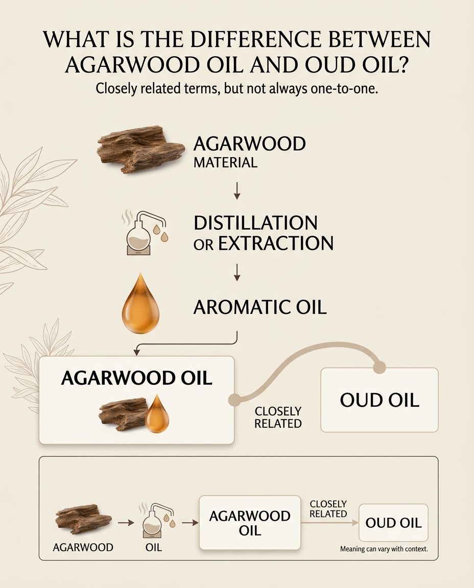 Edukacyjny diagram wyjaśniający zależność między materiałem agarwood, olejkiem aromatycznym, olejkiem agarwood i olejkiem oud