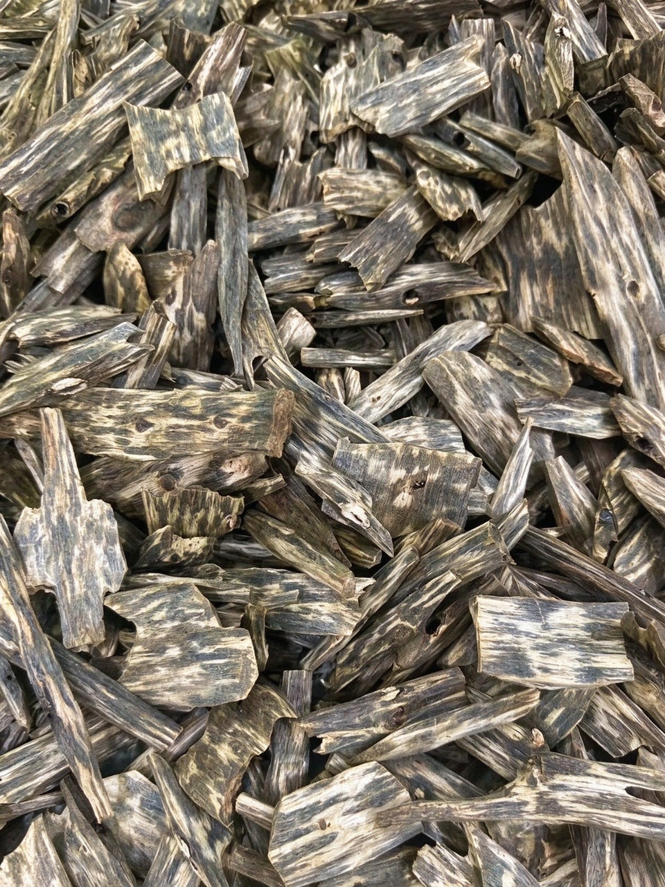 Wiele pojedynczych kawałków surowca agarwood po cięciu i rozdzieleniu