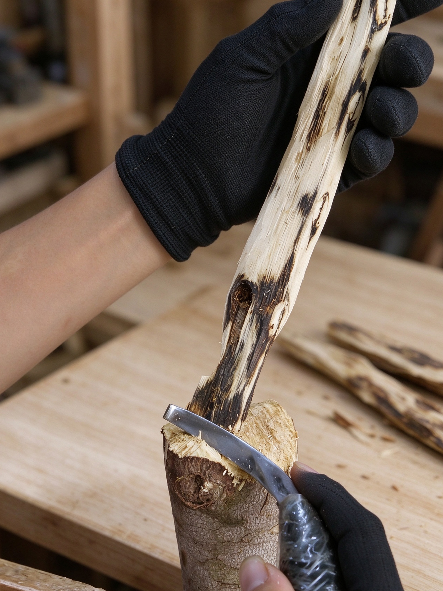 Długi surowiec agarwood pokazujący naturalne usłojenie i obszary bogate w żywicę