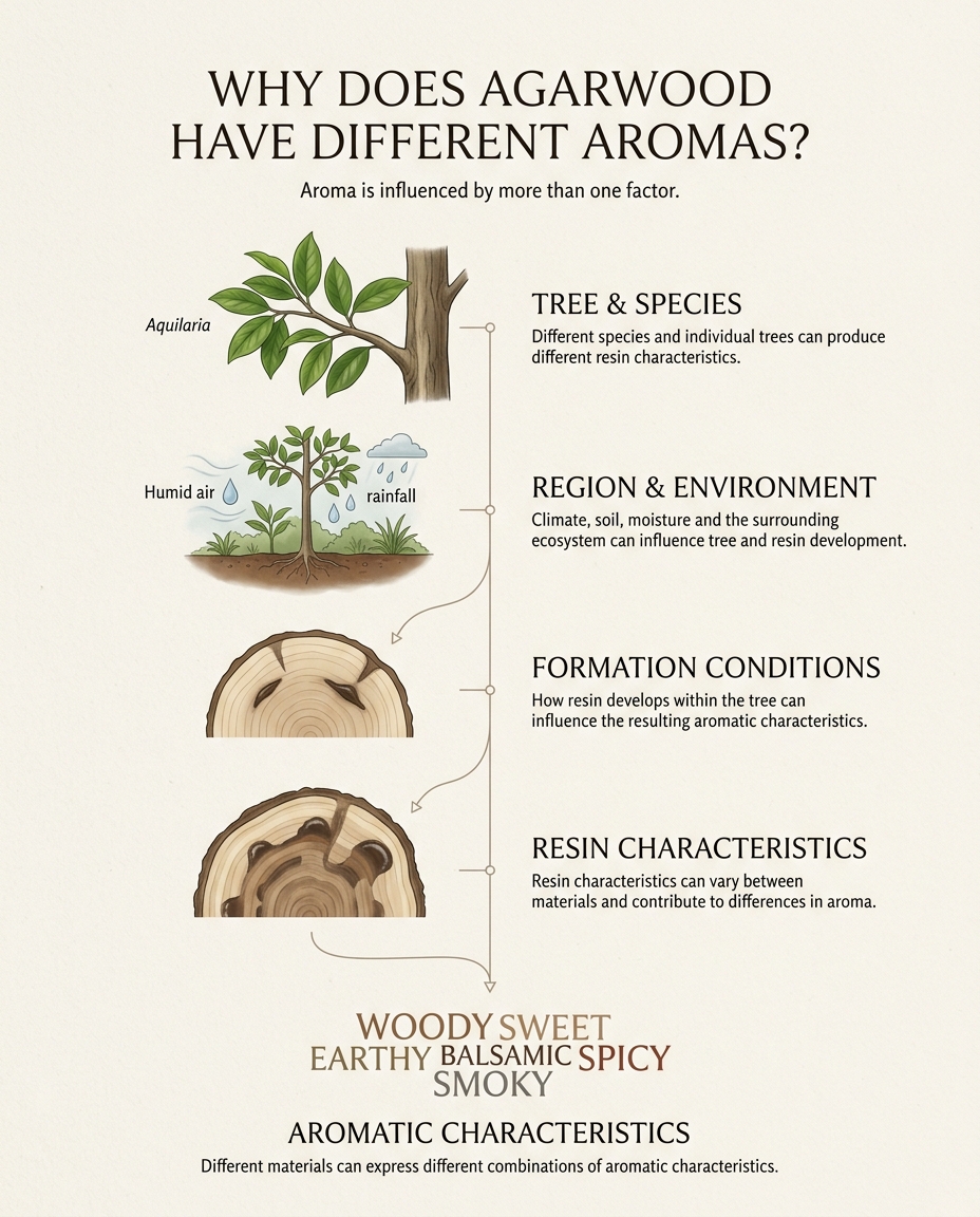 Diagram showing how tree and species, region and environment, formation conditions, and resin characteristics can influence agarwood aroma