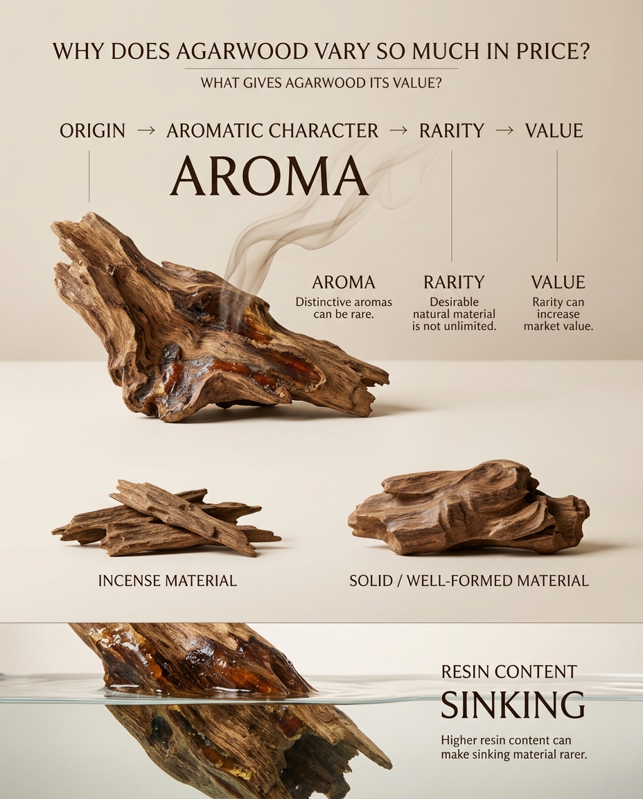 Educational overview showing how origin, aromatic character, rarity, and other characteristics can influence agarwood value